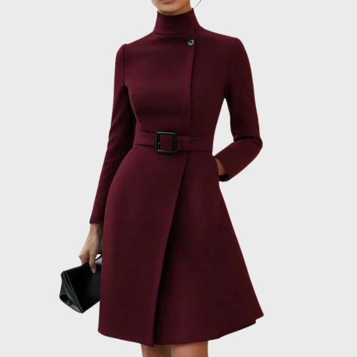 Women’s High Neck Formal Asymmetric Belted Midi Dress Coat