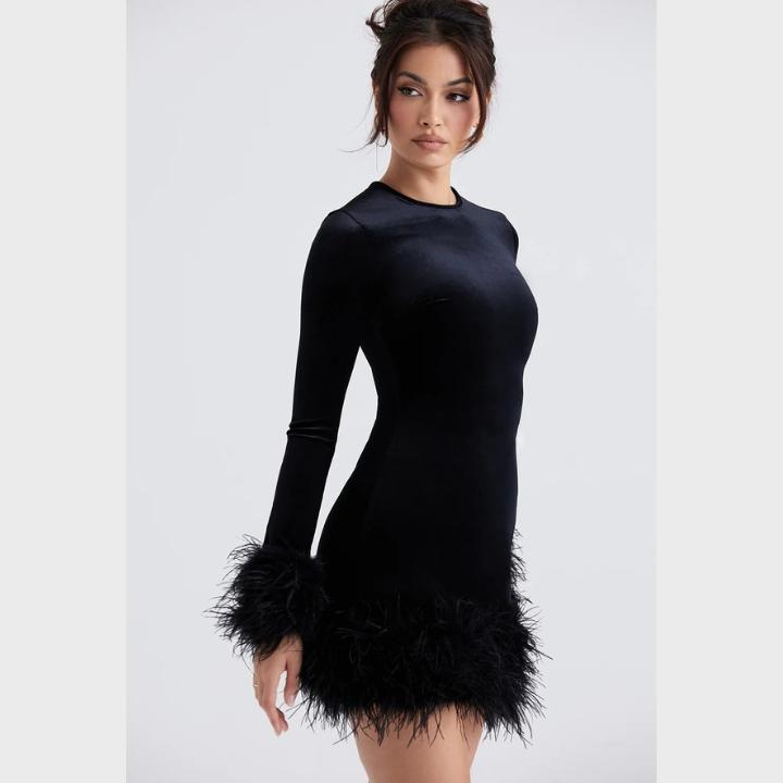 Women's Black Long Sleeve Feather Hem Dress
