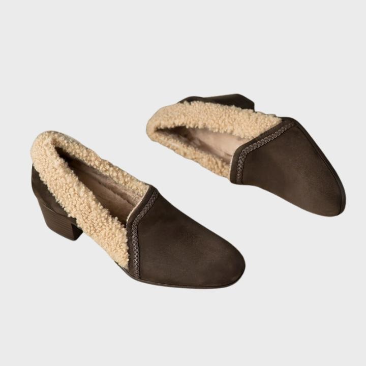 Women's Slip On Block Heel Shoe with Shearling Trim
