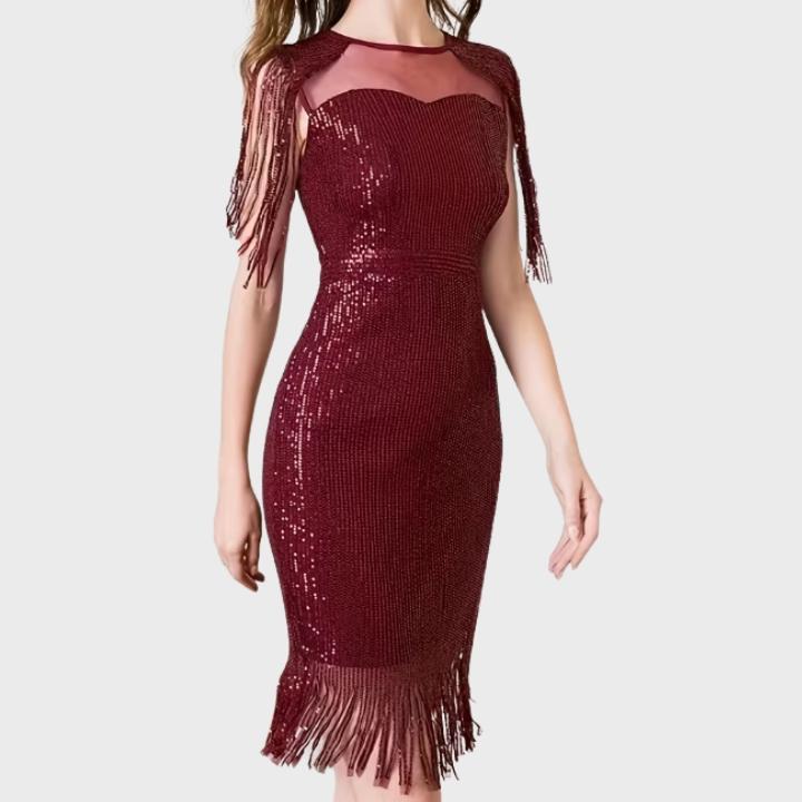 Women's High-Waisted Sequin Bodycon Evening Dress with Fringe Hem