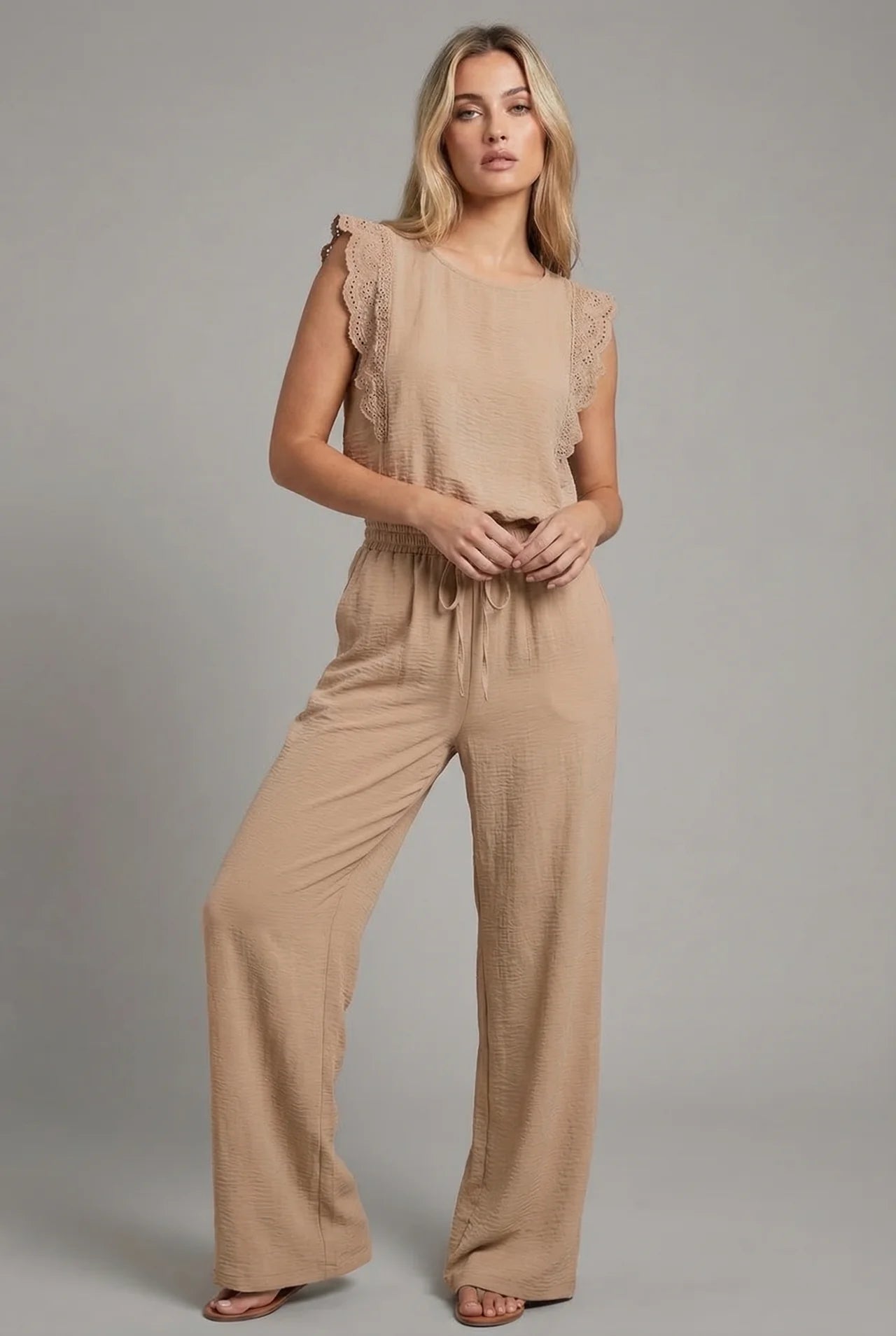 Summer Co-Ord Set Wide Leg Lace Trim