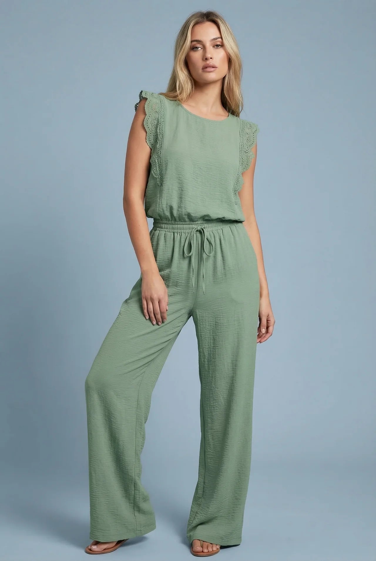 Summer Co-Ord Set Wide Leg Lace Trim