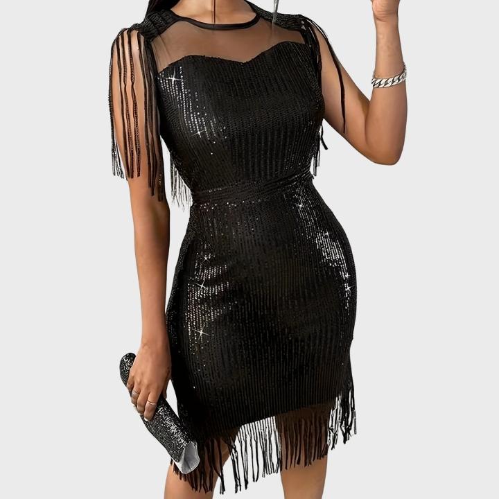 Women's High-Waisted Sequin Bodycon Evening Dress with Fringe Hem