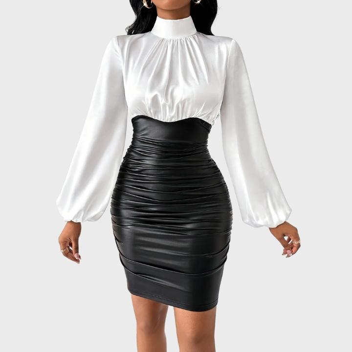 Women's Stylish Stand Collar Black and White Bodycon Dress