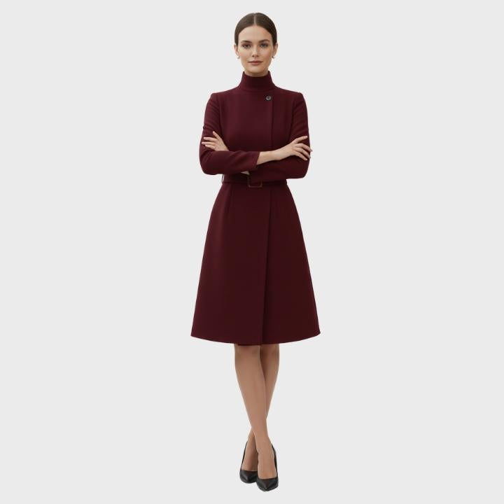 Women’s High Neck Formal Asymmetric Belted Midi Dress Coat
