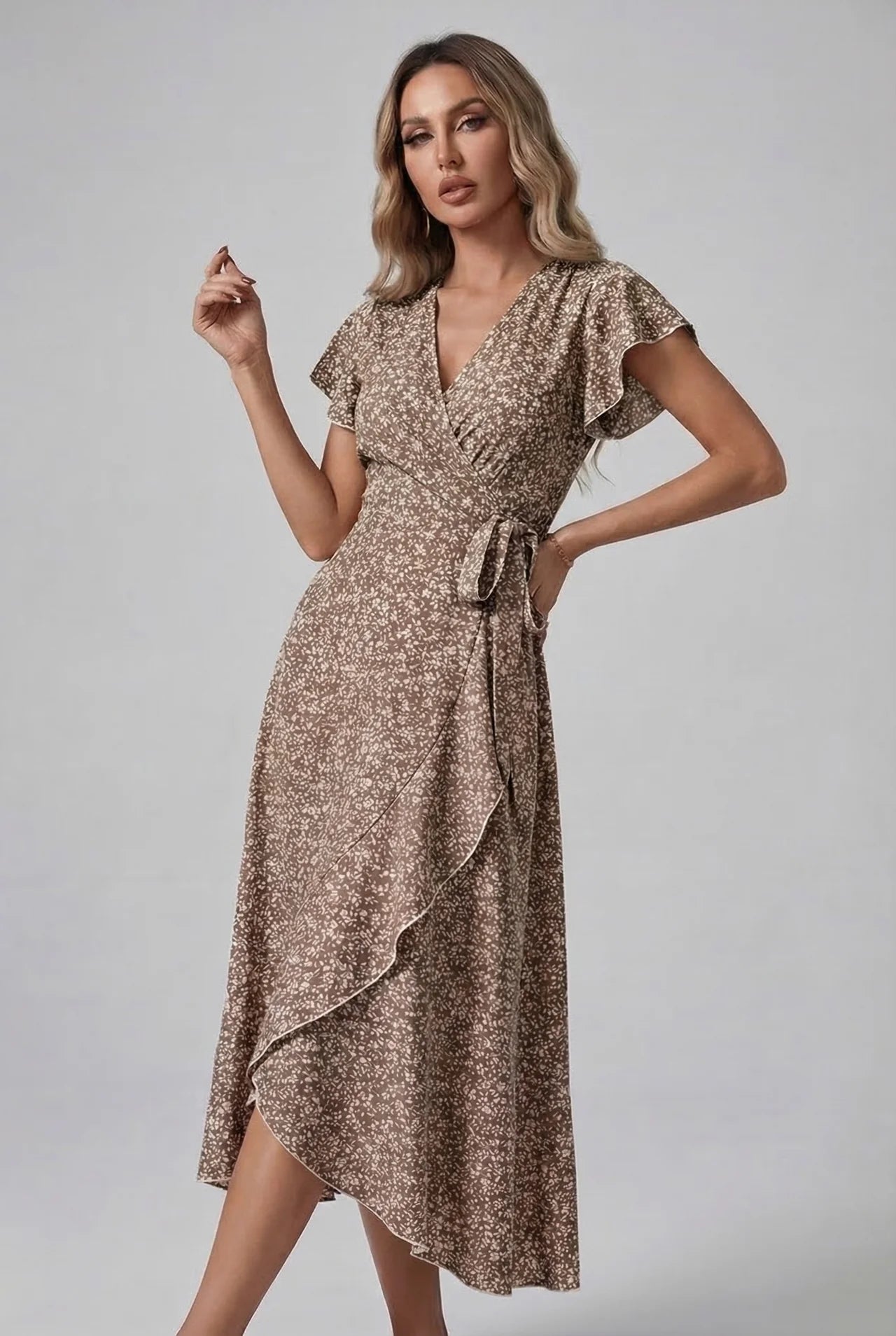 Small Floral Print Wrap V Neck Ruffle Sleeve Maxi Dress