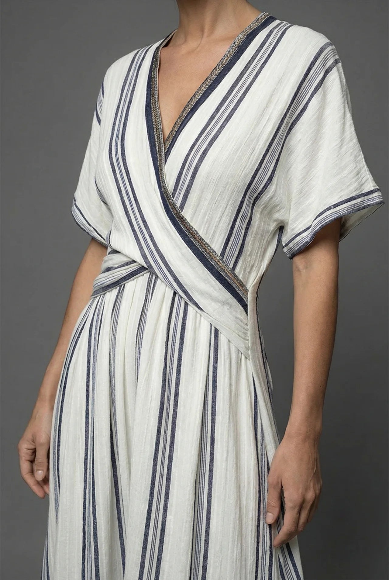 Striped Wrap Flowy Linen Style Summer Maxi Dress