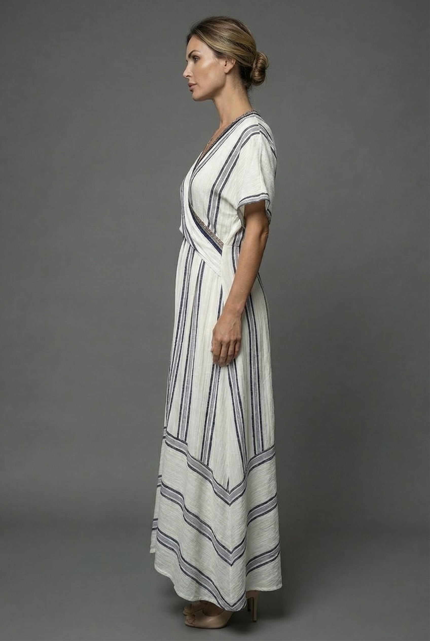 Striped Wrap Flowy Linen Style Summer Maxi Dress
