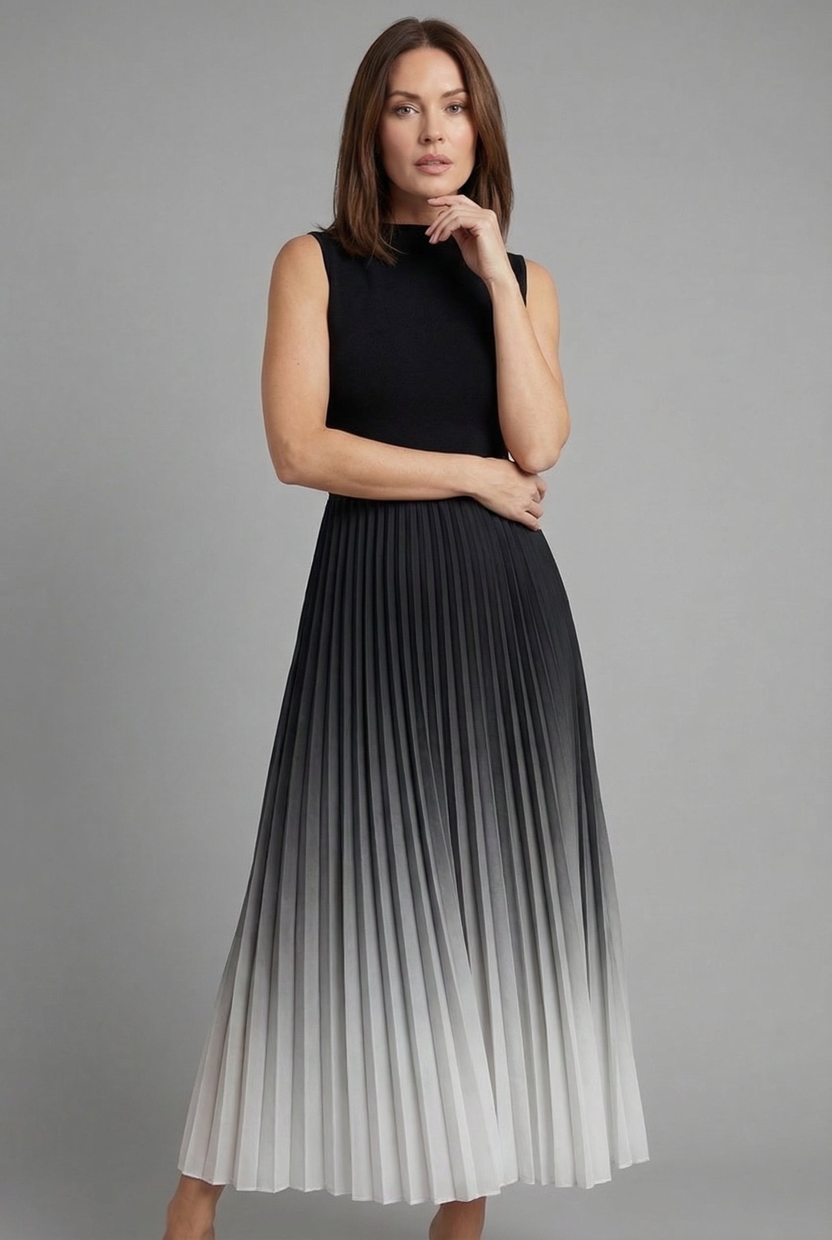 Ombre Pleated Fit Flare Sleeveless Midi Dress
