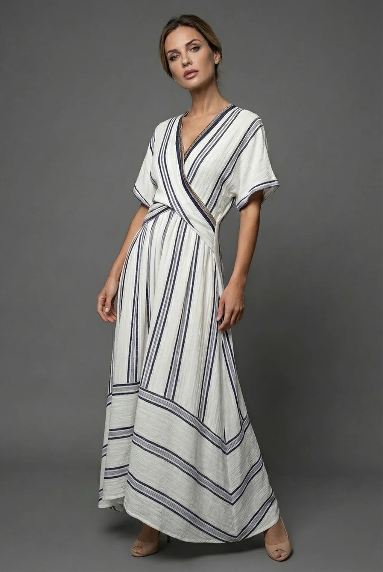 Striped Wrap Flowy Linen Style Summer Maxi Dress