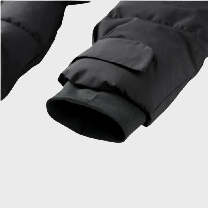 Women's Black hooded Puffer Jacket with Belt High Collar