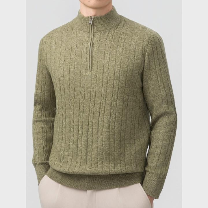 Men's Neutral Textured Quarter Zip Cable Knit Embroidery Jumper