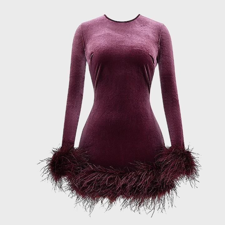 Women's Black Long Sleeve Feather Hem Dress