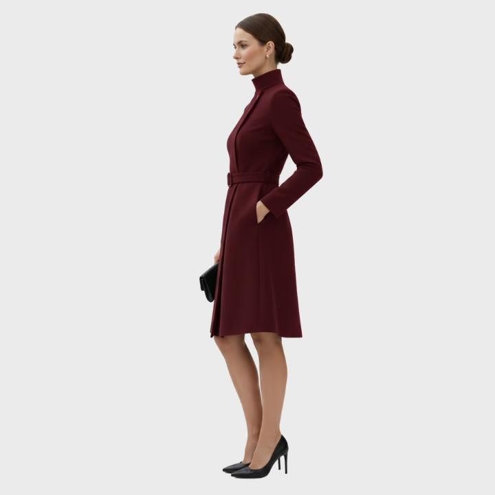 Women’s High Neck Formal Asymmetric Belted Midi Dress Coat