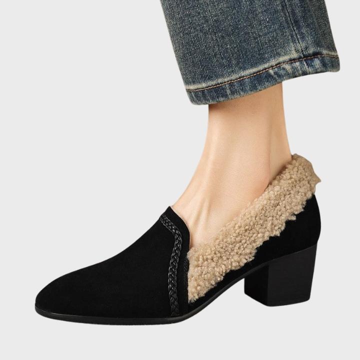 Women's Slip On Block Heel Shoe with Shearling Trim