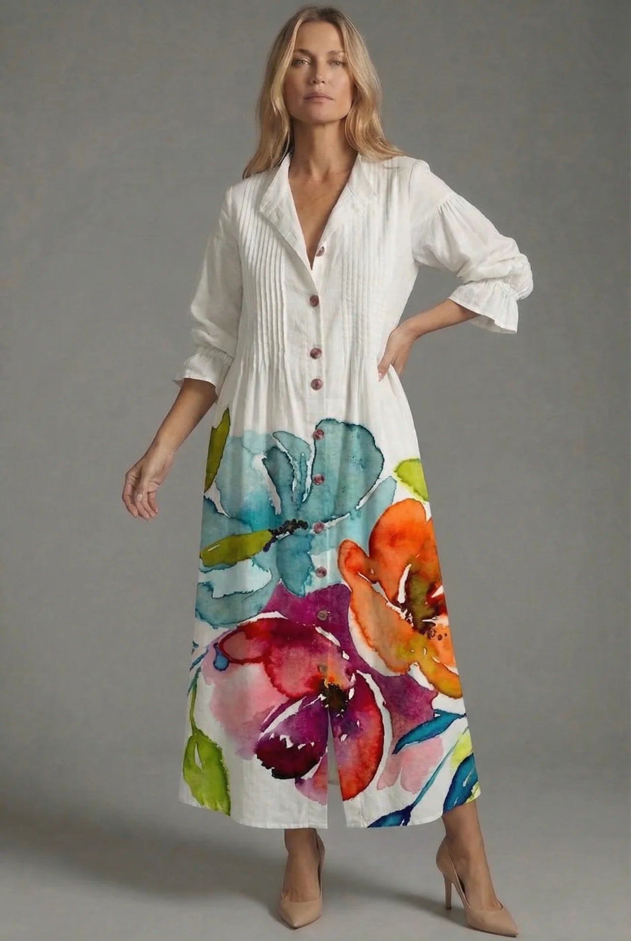 Botanical Pintuck Bodice Button Front Maxi Dress