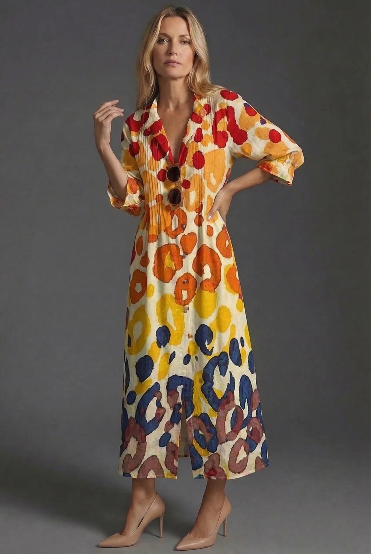 Botanical Pintuck Bodice Button Front Maxi Dress