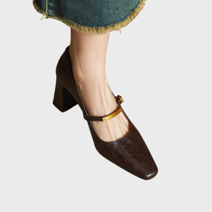 Women's Shiny Square Toe Pump with Metallic Strap