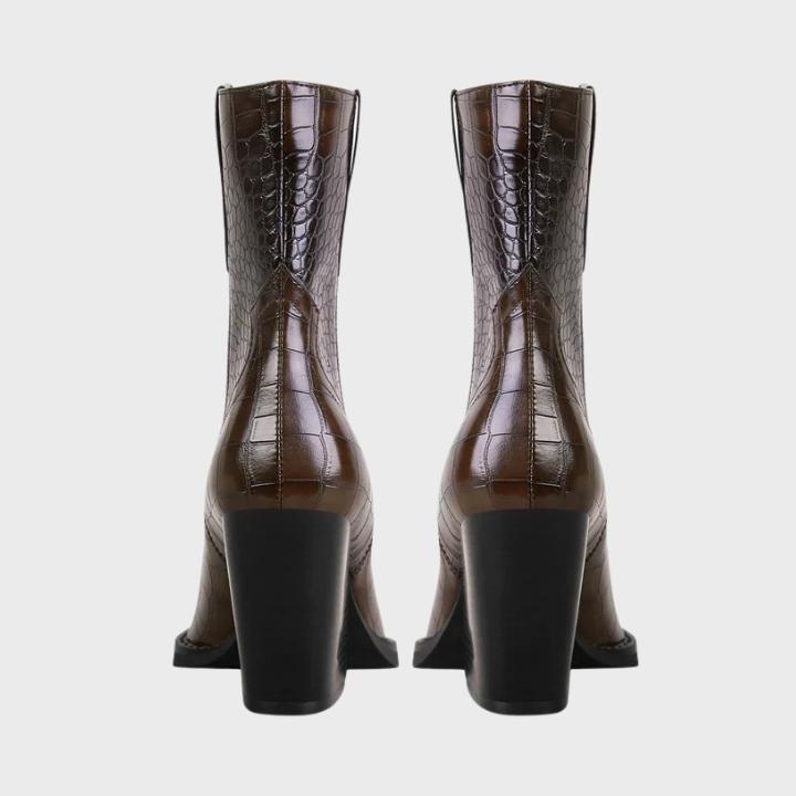 Women's Croc Embossed Pointed Mid Calf Boot