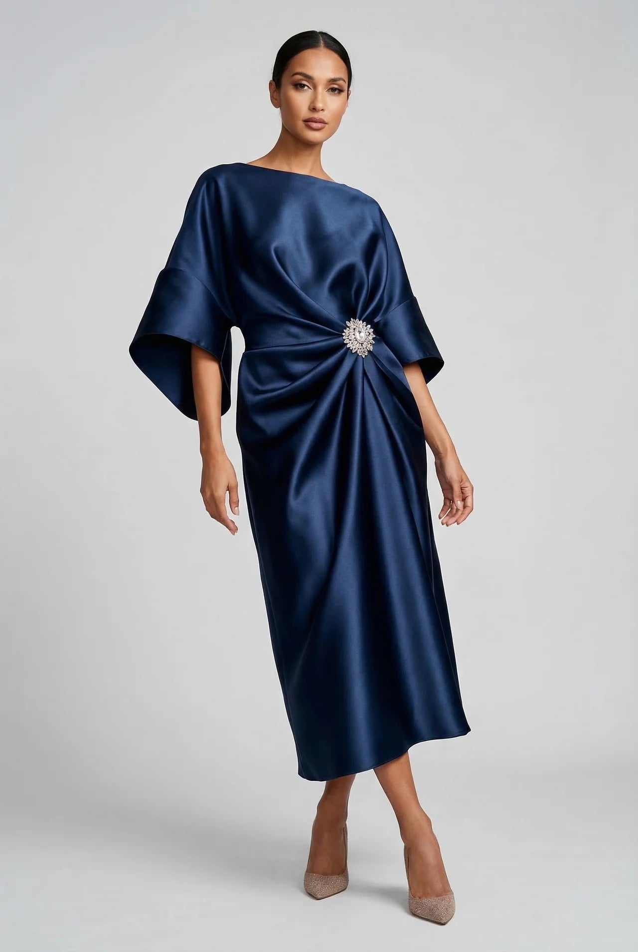 Wedding Guest Satin Style Batwing Jewel Midi Dress
