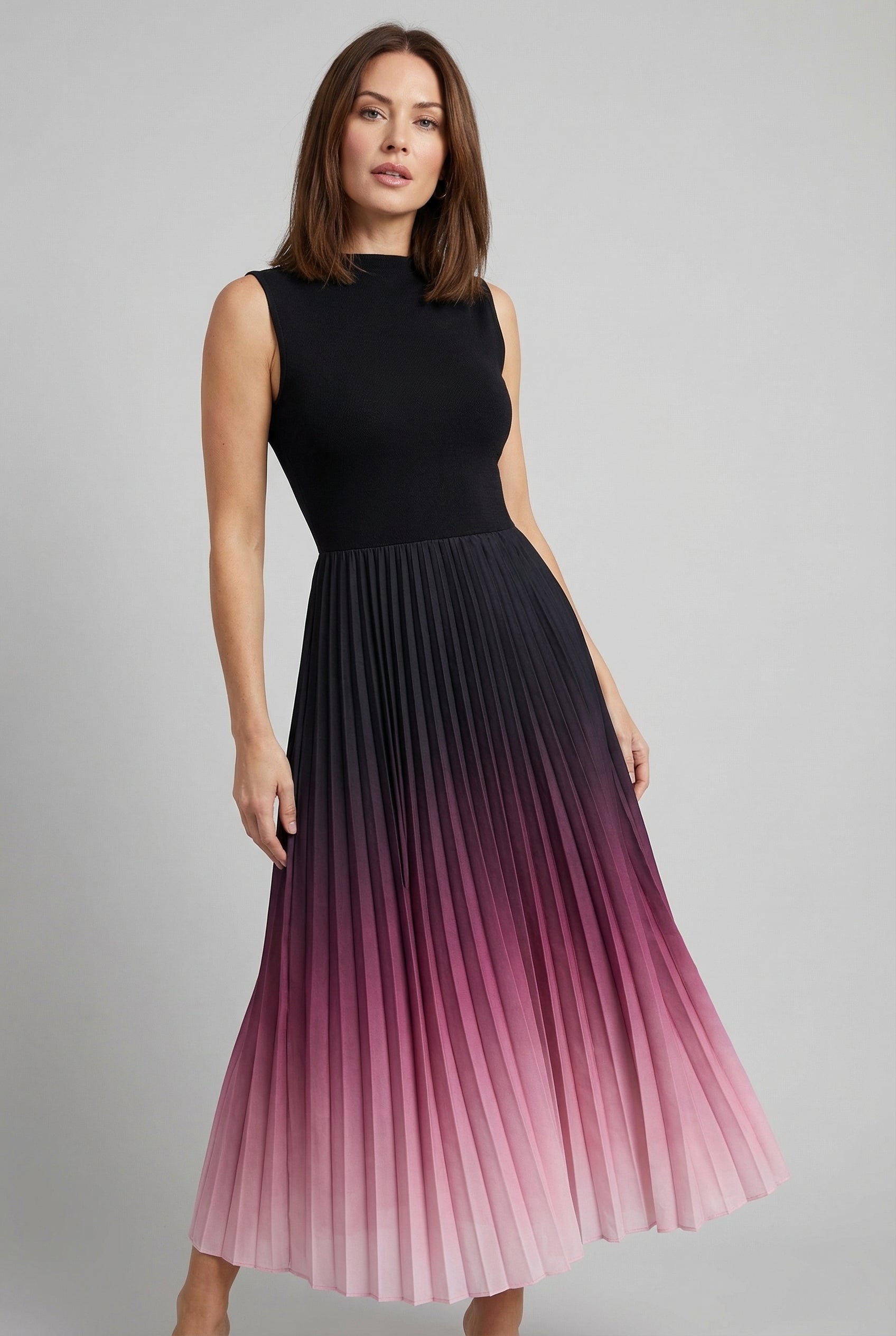 Ombre Pleated Fit Flare Sleeveless Midi Dress