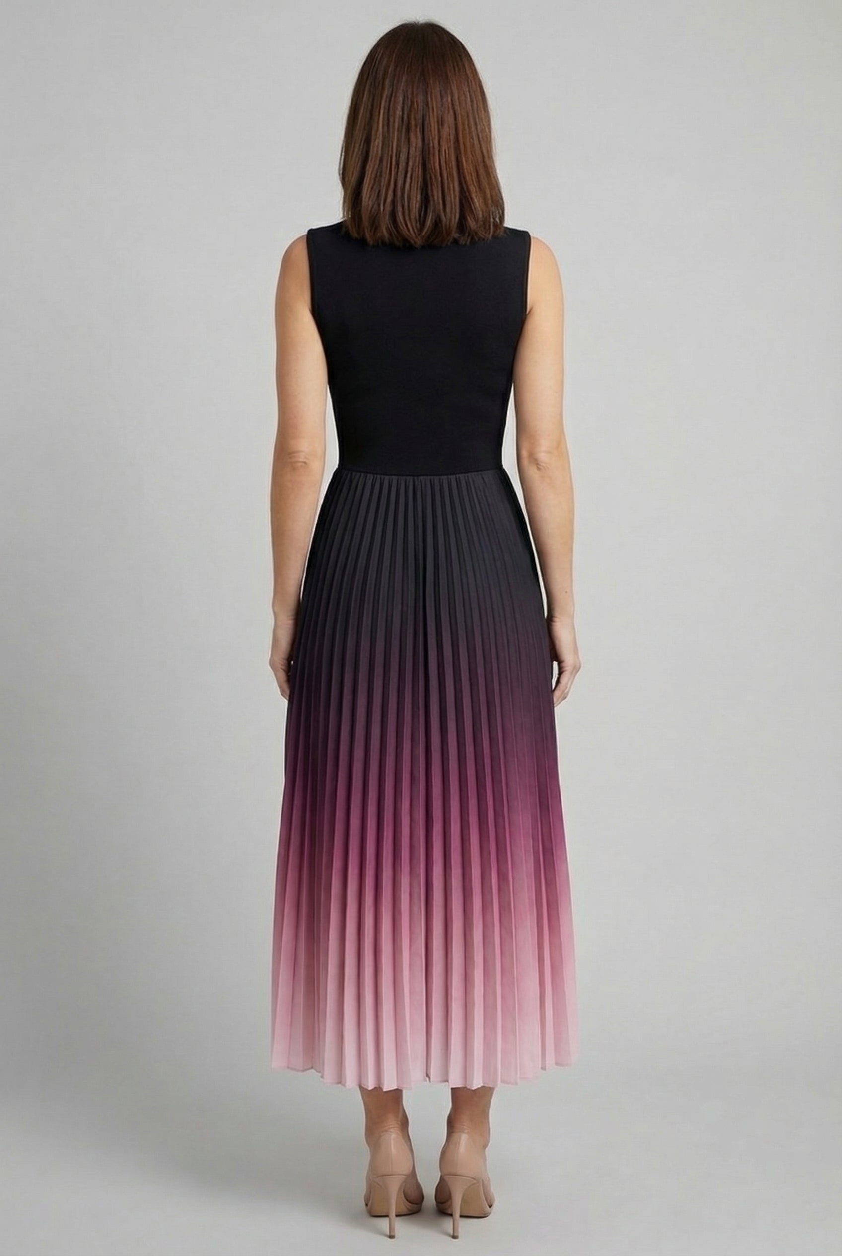 Ombre Pleated Fit Flare Sleeveless Midi Dress