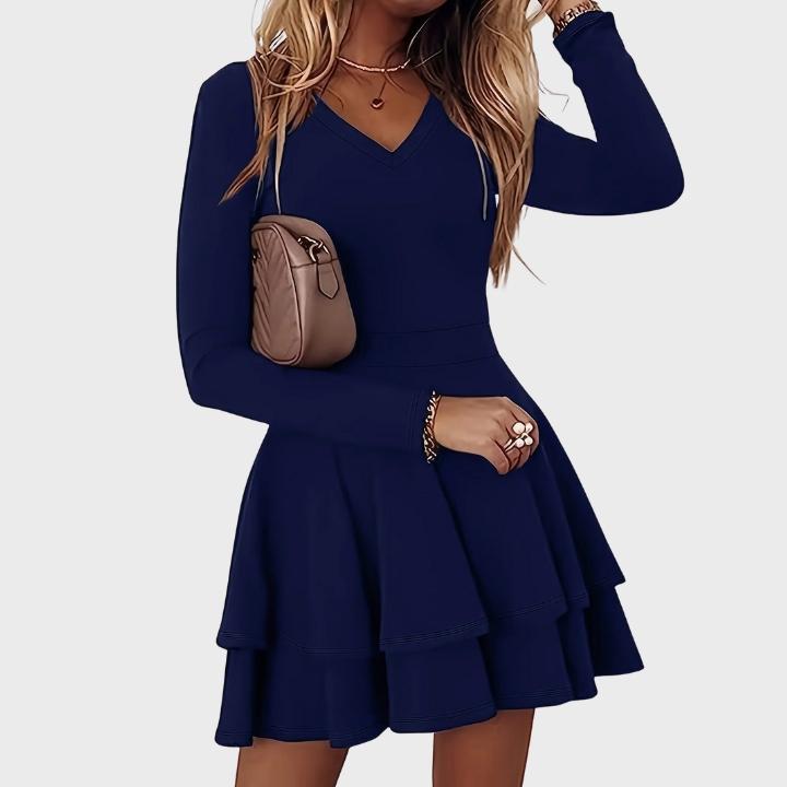 Women’s Solid Color Long-Sleeve V-Neck Layered Hem Fit-and-Flare Dress