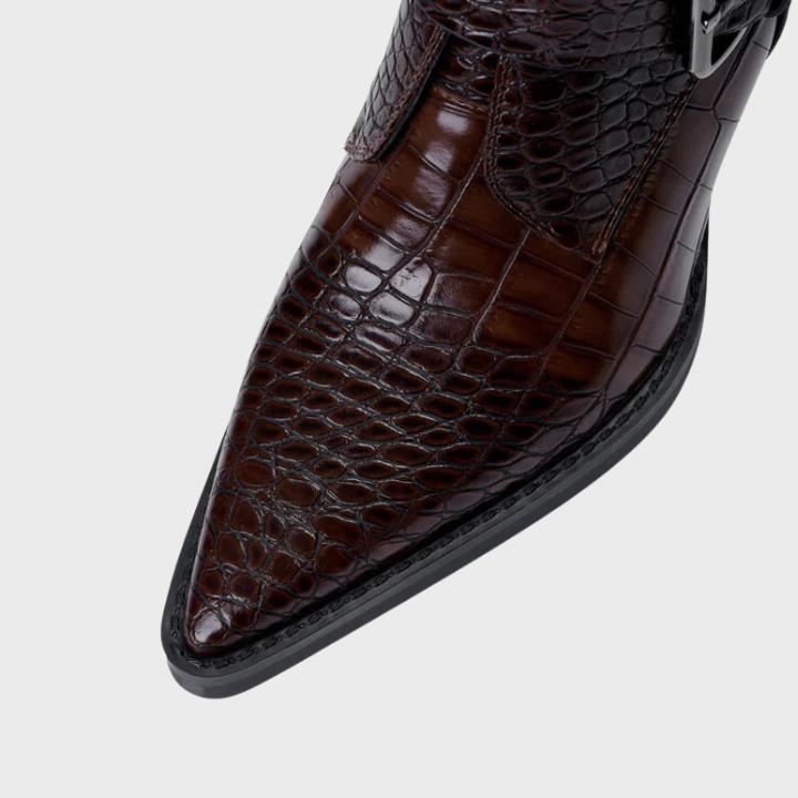 Women's Croc Embossed Double Buckle Ankle Boot
