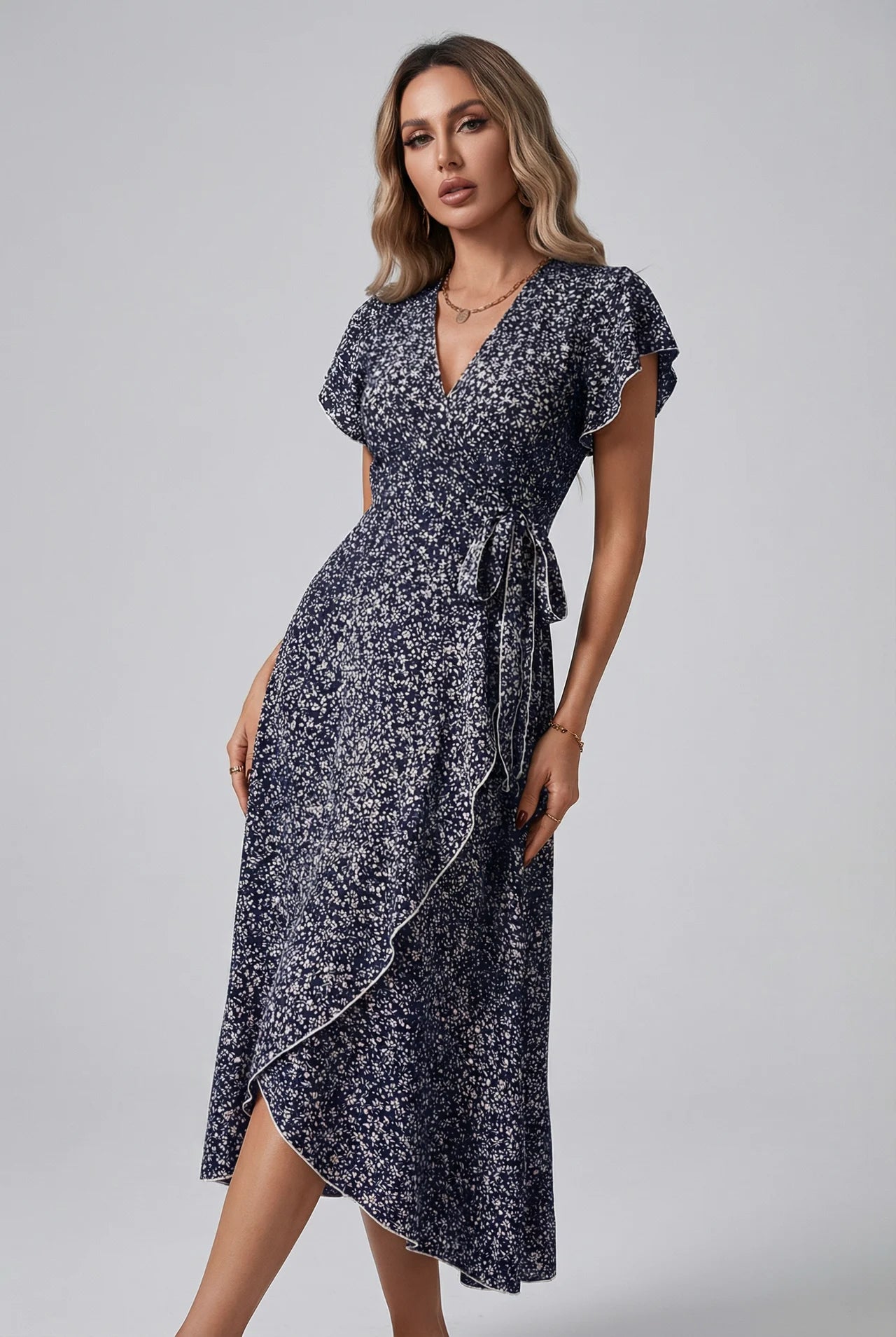 Small Floral Print Wrap V Neck Ruffle Sleeve Maxi Dress