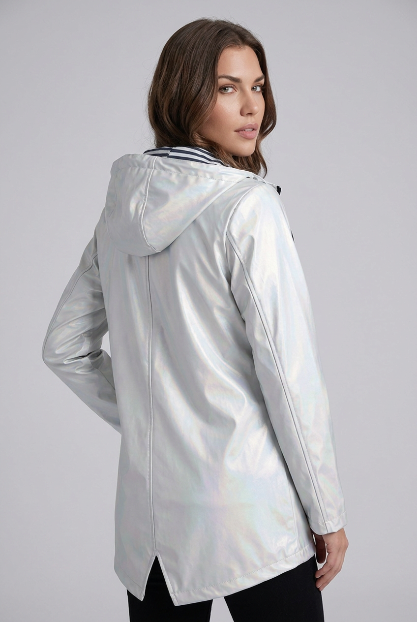 Hooded Striped Lined Zip Front Raincoat Women