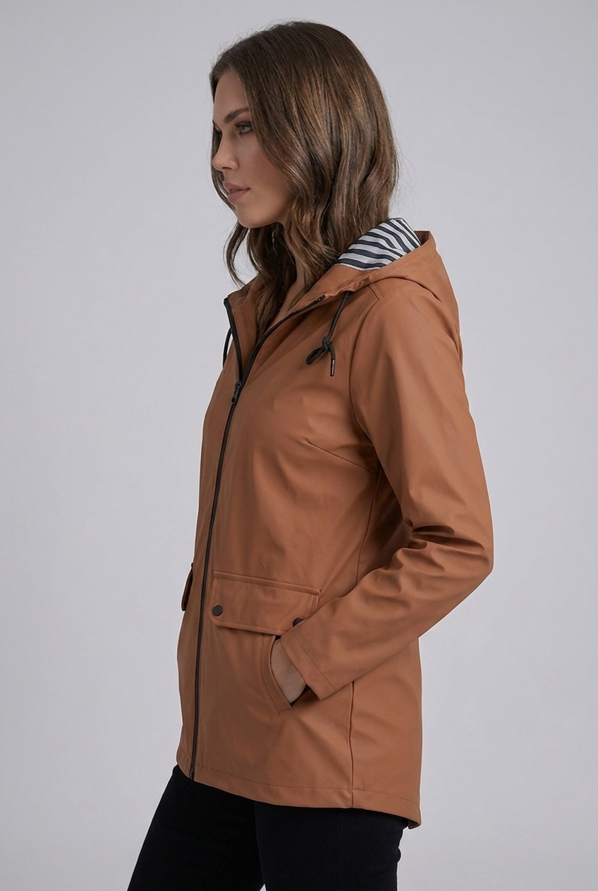 Hooded Striped Lined Zip Front Raincoat Women