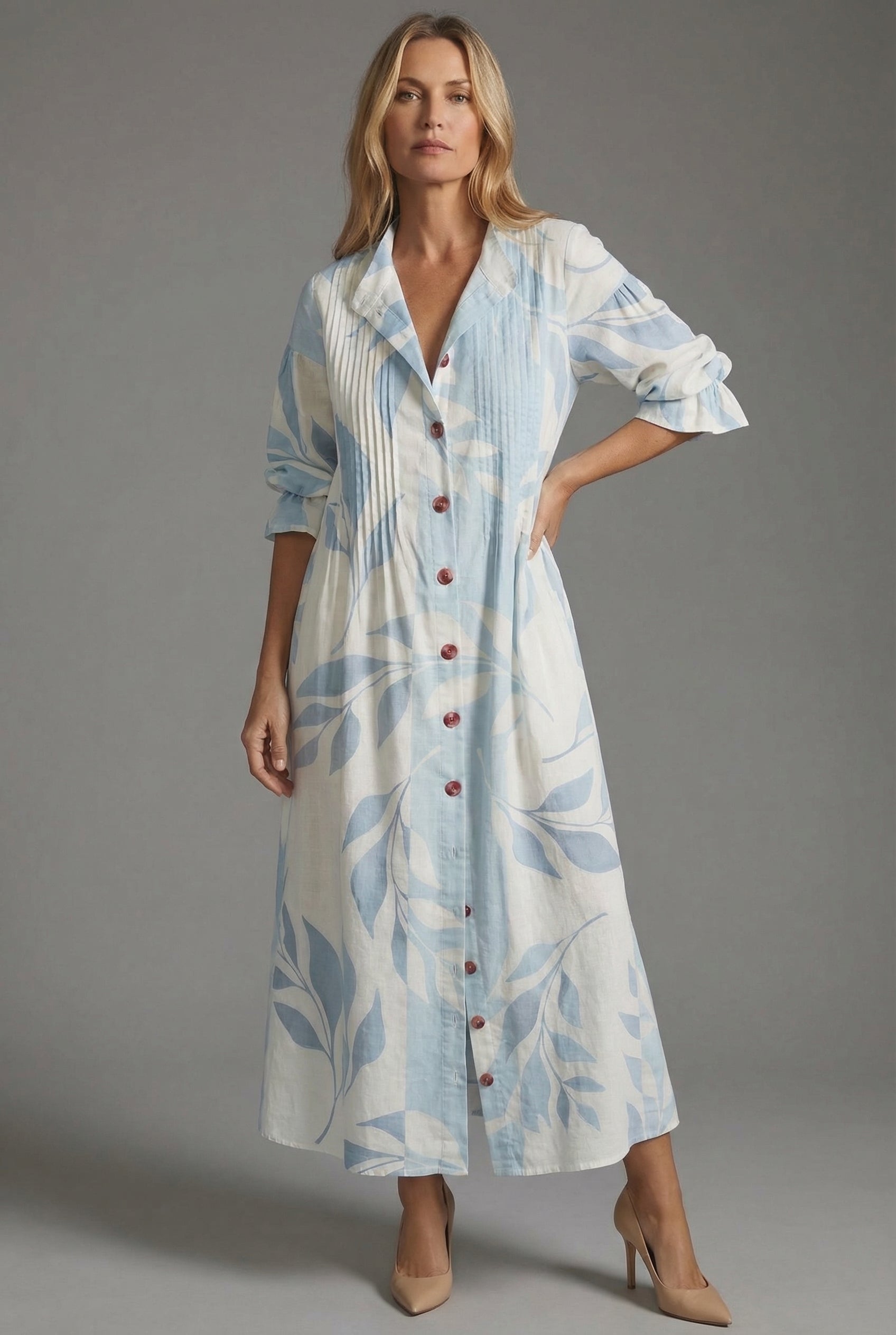 Botanical Pintuck Bodice Button Front Maxi Dress