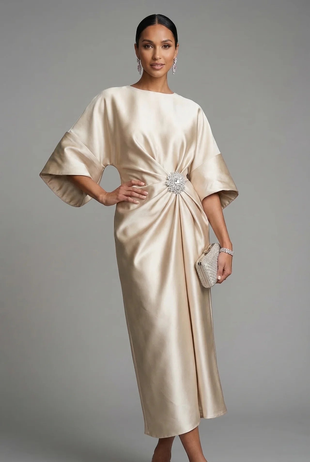 Wedding Guest Satin Style Batwing Jewel Midi Dress