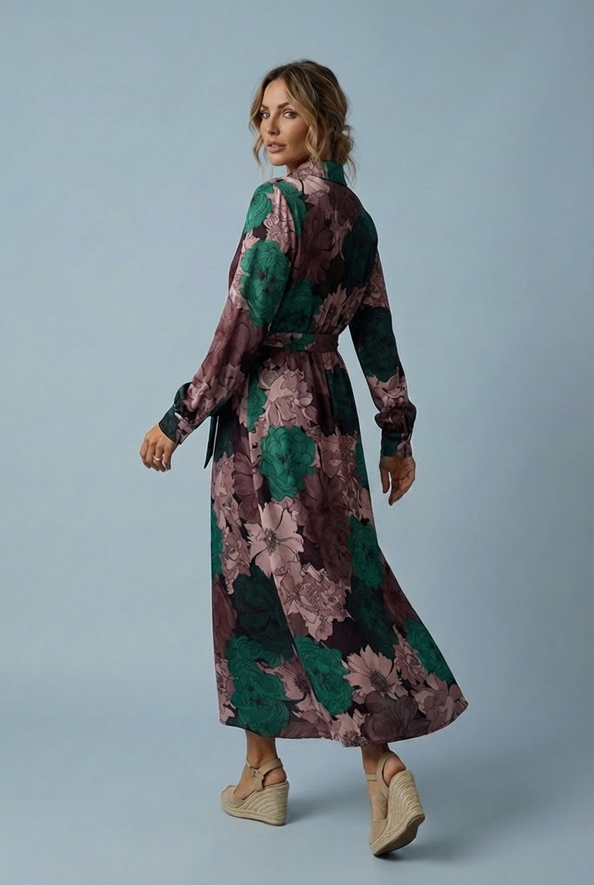 Floral Long Sleeve Tie Waist Shirt Maxi Dress