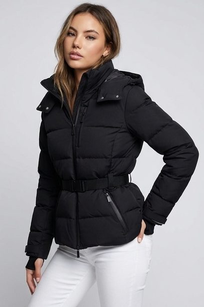 Black Belted Quilted Puffer Jacket With Hood Women