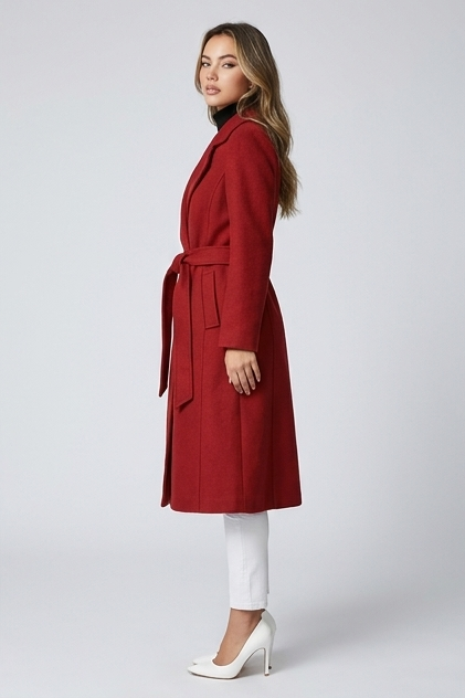 Red Belted Wrap Longline Coat With Waist Tie Women