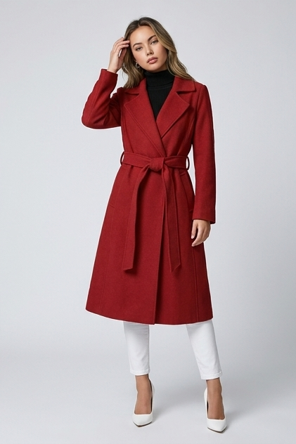 Red Belted Wrap Longline Coat With Waist Tie Women