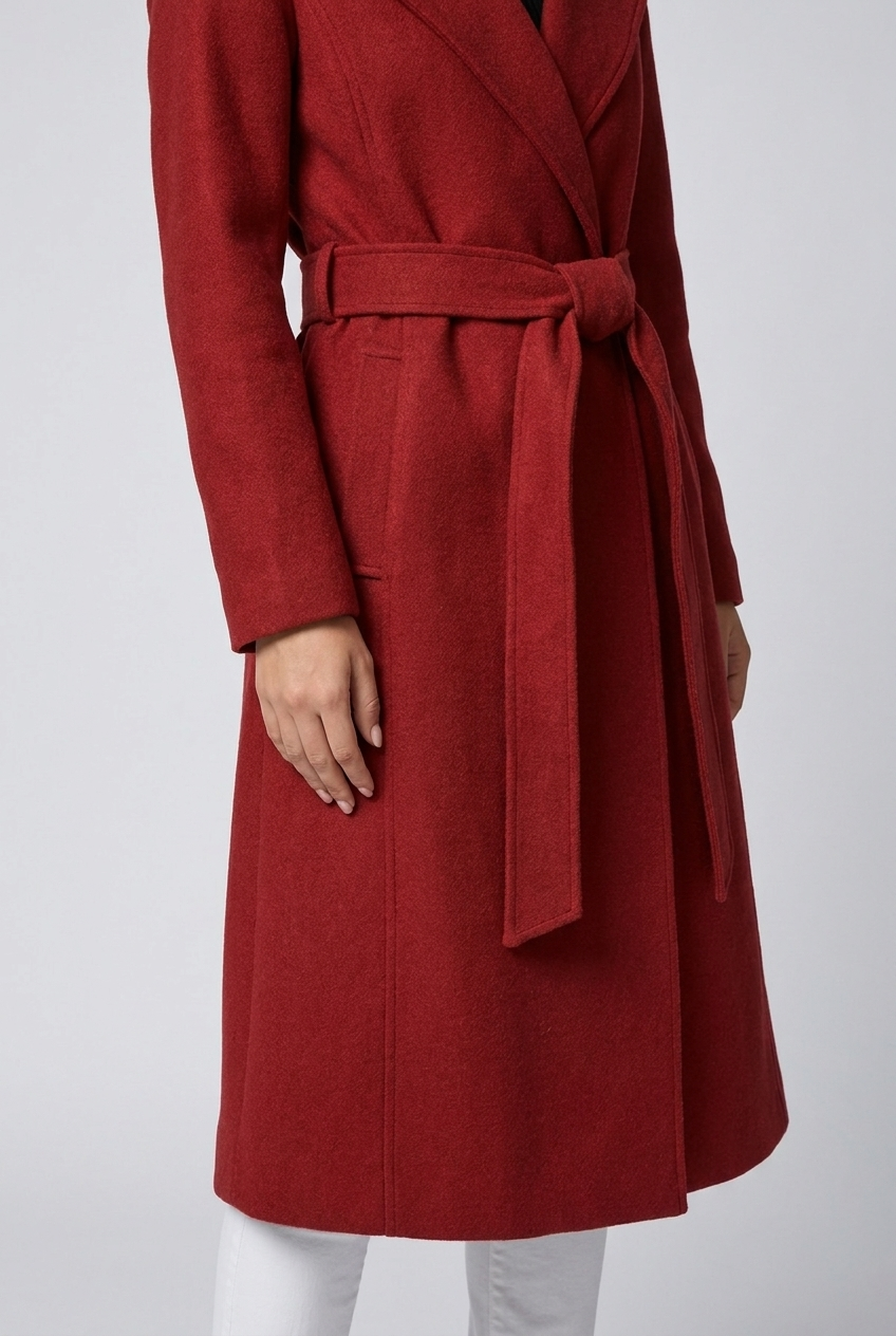 Red Belted Wrap Longline Coat With Waist Tie Women