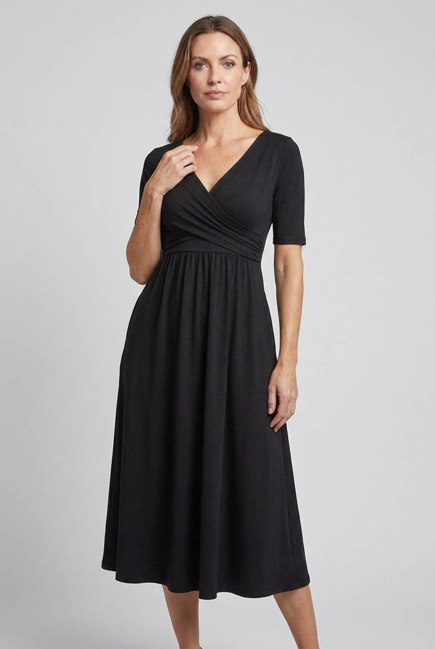 V Neck Wrap Front Short Sleeve Pockets Midi Dress Women
