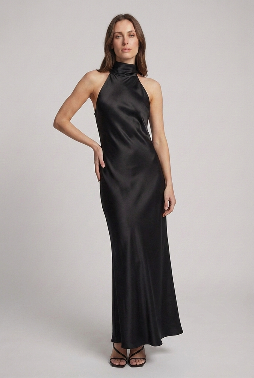 Satin Style Elegant Halterneck Maxi Wedding Guest Dress