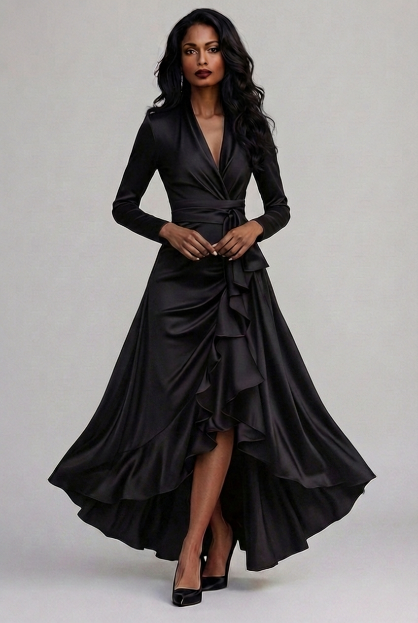 Elegant Long Sleeve Wrap Satin Style Elegant Wedding Guest Dress