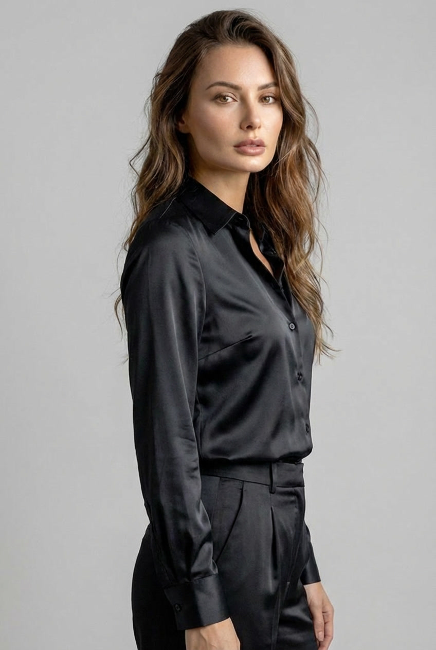 Collared Button Up Satin Style Long Sleeve Blouse
