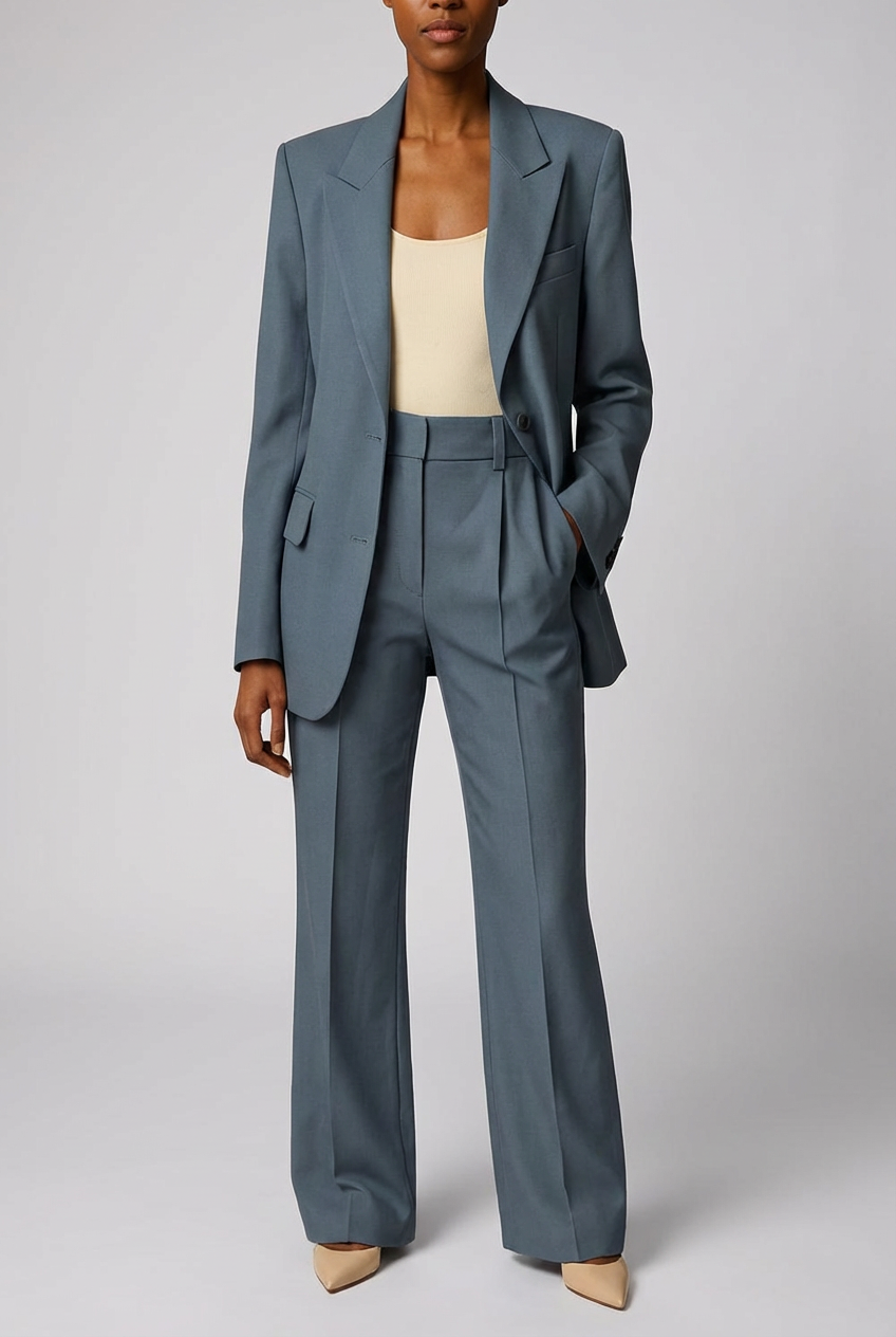 Women's Tailored Slim Blazer & Wide-Leg Trousers Two-Piece Suit