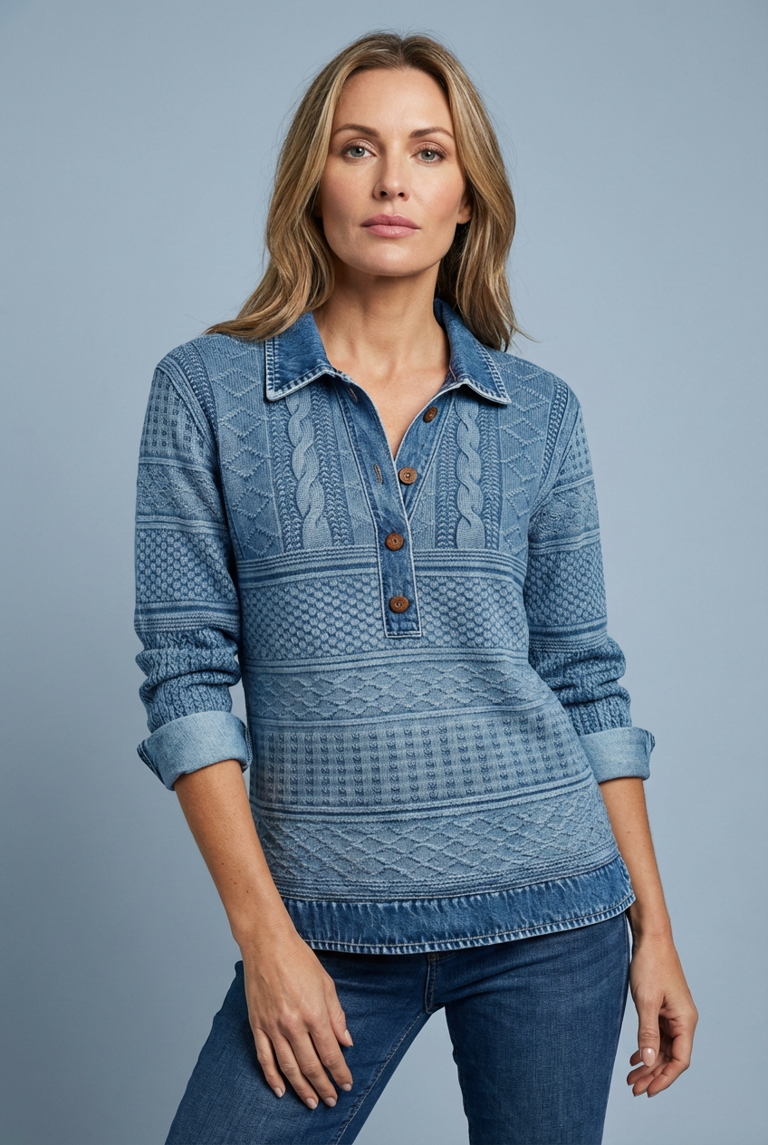 Collared Cable Denim Style Long Sleeve Sweatshirt Women