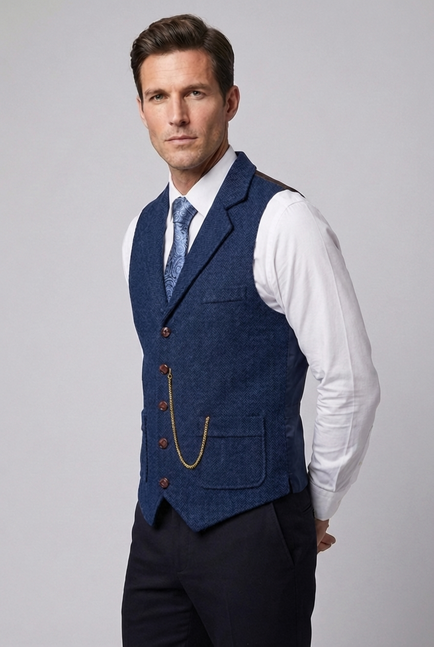 Herringbone Tweed Style Lapel Waistcoat Men
