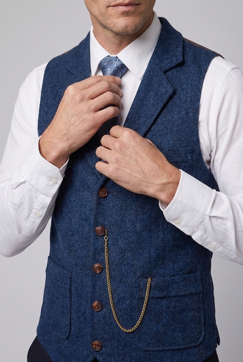 Herringbone Tweed Style Lapel Waistcoat Men
