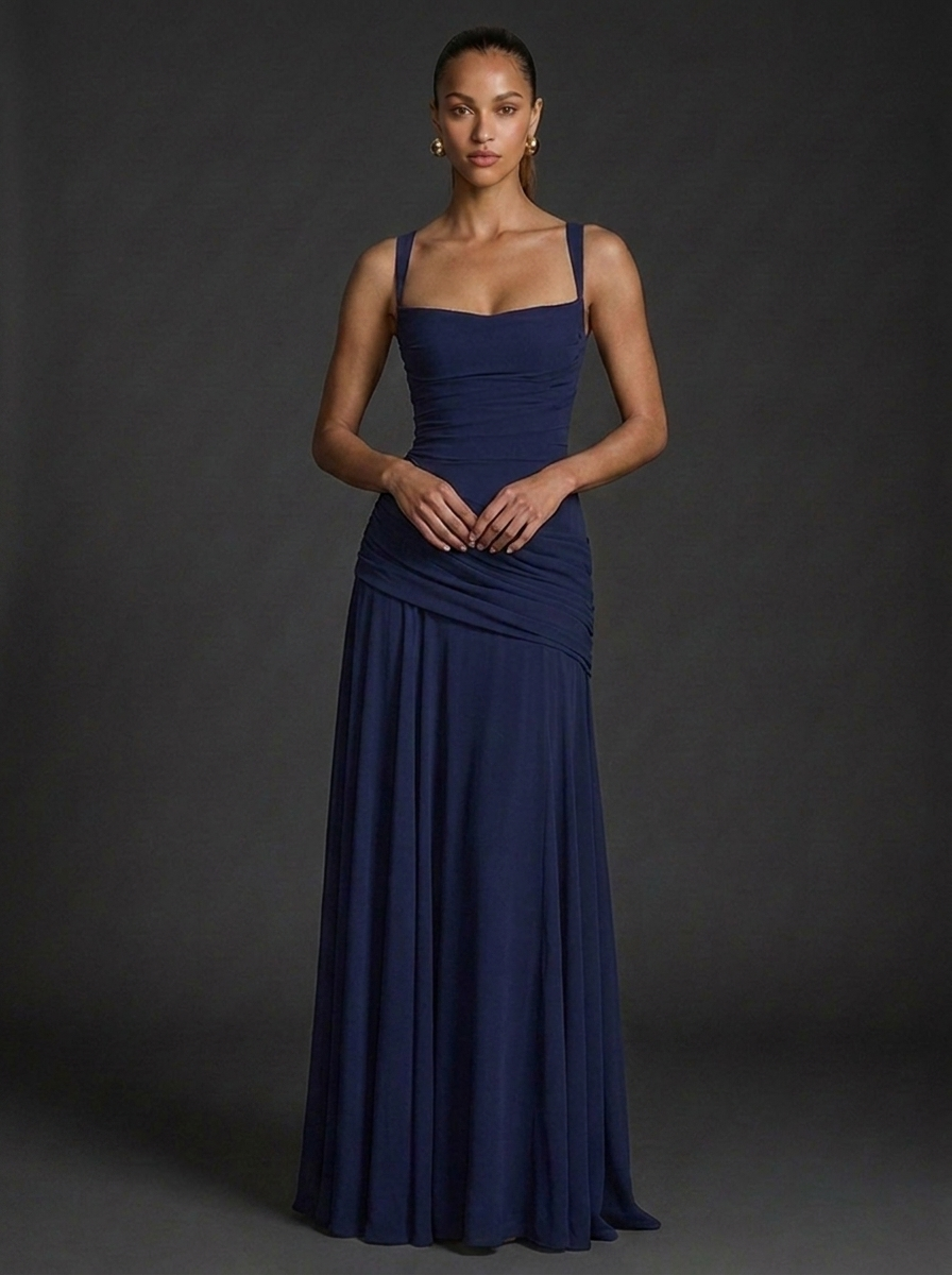 Square Neck Sleeveless Ruched Maxi Wedding Guest Dress