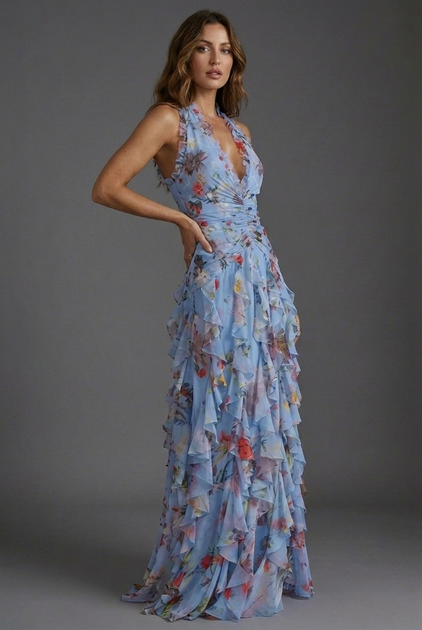 Floral Print Halterneck Ruffle Chiffon Style Ascot Maxi Dress