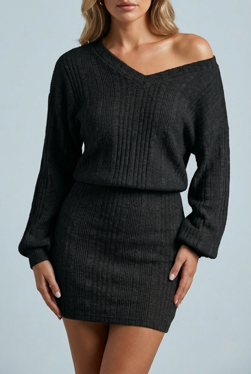Women's V-Neck Ribbed Knit Bodycon Mini Dress