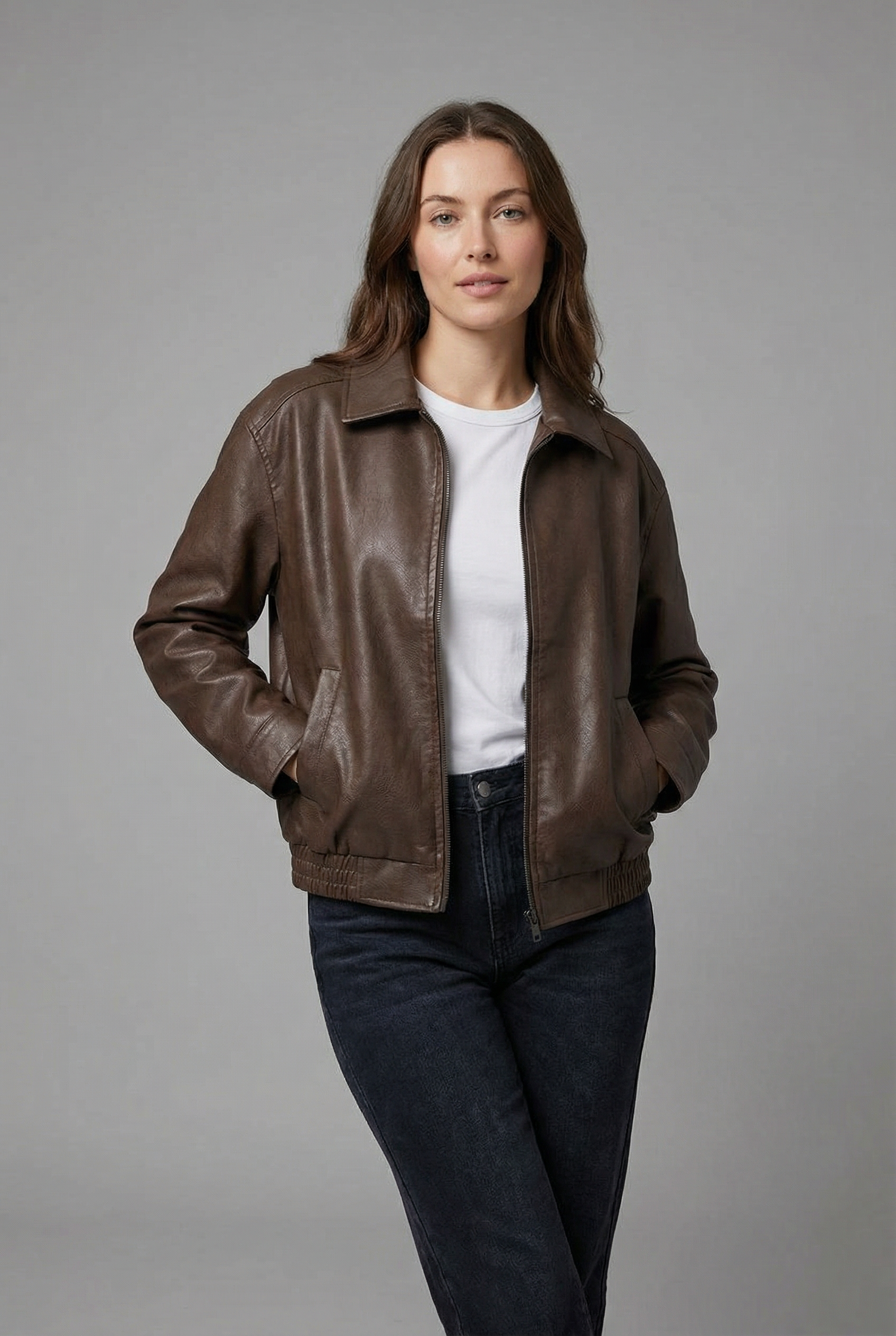 Women’s Classic Brown Zip-Up Leather Jacket